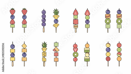 Vibrant Fruit and Vegetable Skewers, Culinary Art, Kitchen Setting, Illustration, Colorful Arrangement, Top View, Healthy Eating Inspiration
