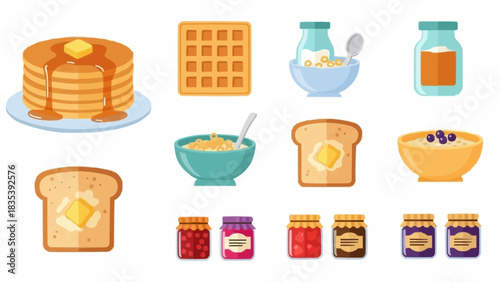Assorted breakfast foods and sweet spreads on a clean white background