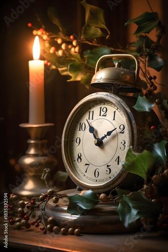 Vintage clock close‑up striking midnight – snowy holiday countdown vintage alarm clock on wooden background