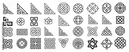 Celtic Ornamental Corner Set Featuring Irish Knot Border Frames and Medieval Decorative Elements Presented as Intricate Vector Designs for Traditional Page Framing and Artwork Enhancemen