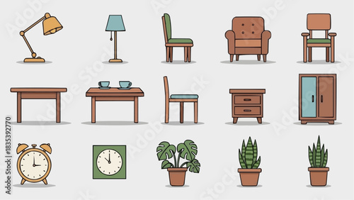 Collection of furniture and plants arranged neatly in a stylized graphic representation
