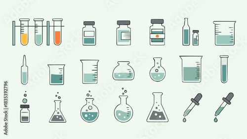 Collection of Laboratory Equipment and Chemicals in Various Containers