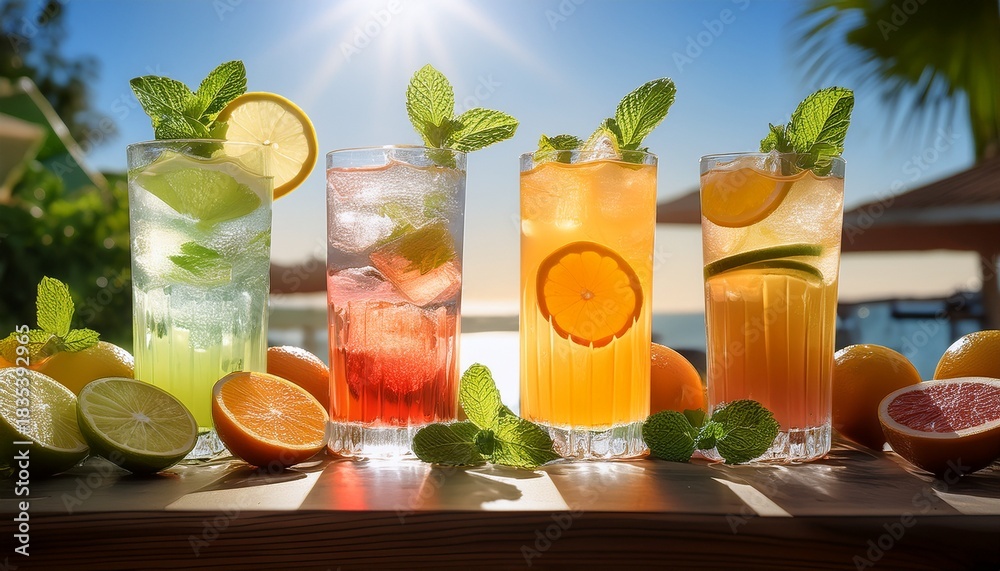 Fototapeta premium an array of summer inspired drinks each garnished with fresh citrus slices mint leaves and ice cubes epitomizing a refreshing and vibrant way to cool off under the sun