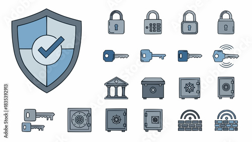 Security icons collection featuring shield with checkmark and various lock and key symbols on a white background