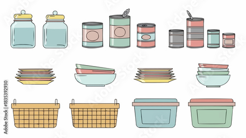 Vector illustration set of various kitchen food storage containers including jars, cans, plates, and baskets
