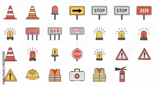 Road Safety Icons Traffic Cones, Signs, and Emergency Equipment