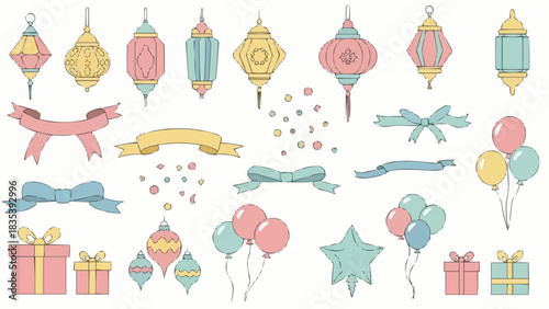 Cute pastel celebration decoration elements collection with hand-drawn lanterns, festive balloons, gift boxes, and ribbons for happy party events and special occasion designs