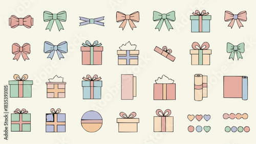 A delightful pastel icon set showcasing a variety of gift boxes, decorative bows, and sweet present elements, perfect for celebrating holidays and special occasions