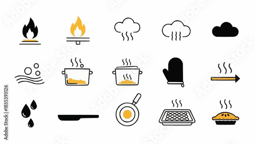 A collection of icons representing various cooking elements and actions displayed on a clean background