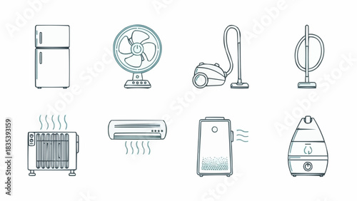 Vector Line Art Icons of Essential Modern Home Appliances and Comfort Devices. Collection of household electronics for daily living, including climate control and cleaning units