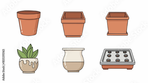An illustrative collection of various gardening pots and planters, including traditional terracotta designs, a modern succulent pot, and a functional seed starting tray