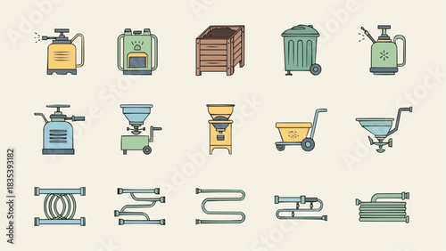 Collection of icons representing gardening and farming equipment for cultivation and maintenance