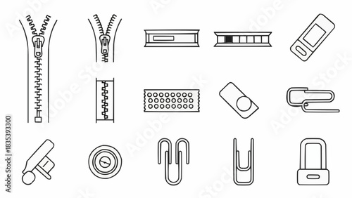 Set of vector zipper and stationery elements for various design projects, adaptable and simple