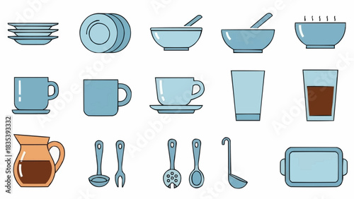 Collection of assorted kitchenware and tableware items, including cups, bowls, plates, pitchers, and serving utensils