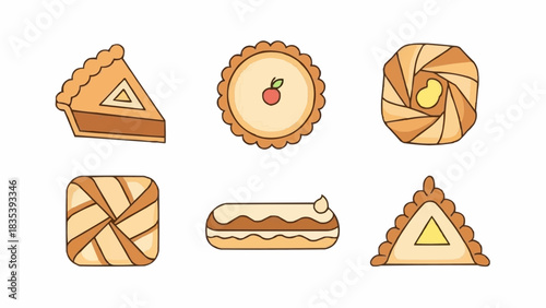 Collection of various pastry icons including pie, tart, and eclair