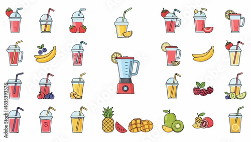 Vibrant set of fresh fruit smoothie icons, healthy refreshing beverages, and a powerful blender, ideal for promoting wellness, nutritious living, and summer refreshments