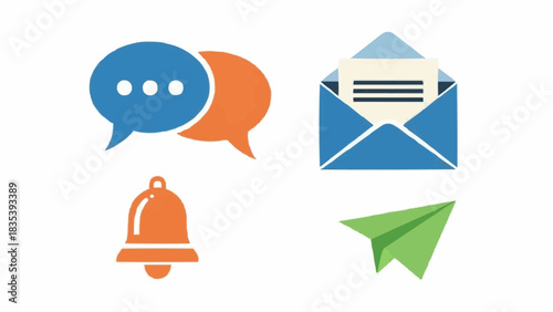 Collection of communication icons including speech bubbles, email, notification bell, and paper airplane for messaging and correspondence