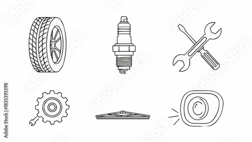 Car parts and tools icons tire, spark plug, wrench, gear, windshield wiper, and camera lens