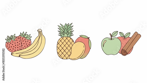 A trio of delicious fruit illustrations strawberries, bananas, pineapple, mango, apples, and cinnamon sticks