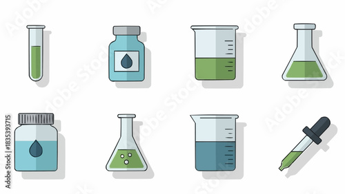 Laboratory equipment illustration featuring beakers, flasks, and test tubes in a clean, modern style