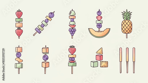 Vibrant Assortment of Colorful Fruit Skewers and Fresh Healthy Snacks, Perfect for Summer Parties, Refreshing Treats, and Nutritious Eating for All Ages