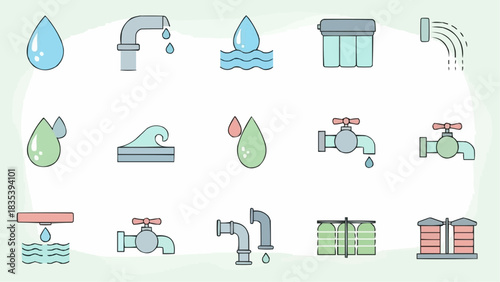 Water icons collection - drop, faucet, plumbing, pipe, wave, filter, tank, and fluid symbols for resource management and conservation