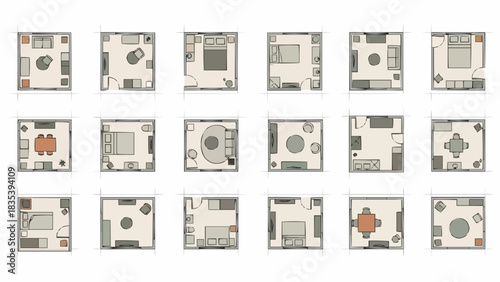 Comprehensive collection of diverse minimalist room layouts and furniture arrangements, presented as overhead architectural floor plans for modern interior design and home planning visualization