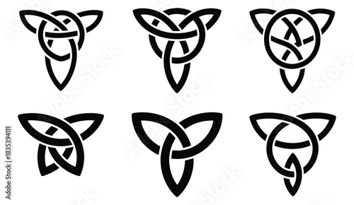 Celtic Trinity Knot Set Featuring Traditional Triquetra Symbols Presented as Intricate Vector Designs for Irish Artwork, Spiritual Motifs, Decorative Elements, and Cultural Graphic Projects