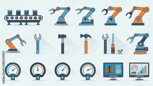 Set of factory equipment icons robotic arms, conveyor belts, wrenches, hammers, and gauges