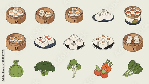 A collection of delicious steamed dumplings, buns, and fresh vegetables arranged artfully on a neutral background