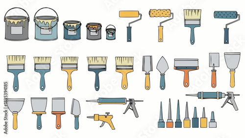 Collection of various painting and construction tools including brushes, rollers, spatulas, and caulk guns