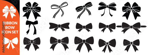 Ribbon bow icon set, vector coquettish cute knot, romantic love doodle vintage accessory collection. Holiday gift decoration silhouette, birthday elegant design element. Feminine Valentine ribbon set 