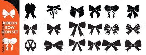 Ribbon bow icon set, vector coquettish cute knot, romantic love doodle vintage accessory collection. Holiday gift decoration silhouette, birthday elegant design element. Feminine Valentine ribbon set 