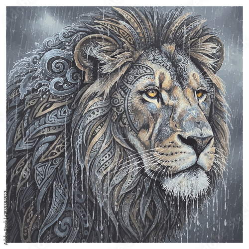 Majestic lion portrait with intricate tribal pattern design in falling rain or snow illustration