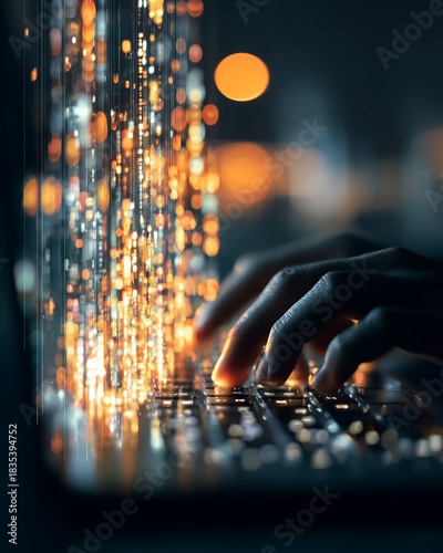 Person Typing on a Laptop with Abstract Light Display in Dark Background
