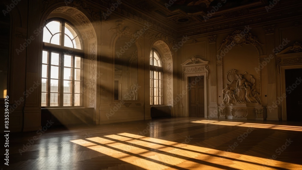 Obraz premium Sunlight streams through arched windows in a grand, empty room with ornate details and a polished floor.