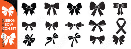 Ribbon bow icon set, vector coquettish cute knot, romantic love doodle vintage accessory collection. Holiday gift decoration silhouette, birthday elegant design element. Feminine Valentine ribbon set 