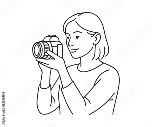 Captivating line art of a woman holding a camera, perfect for creatives and photography enthusiasts seeking a minimalist and modern aesthetic