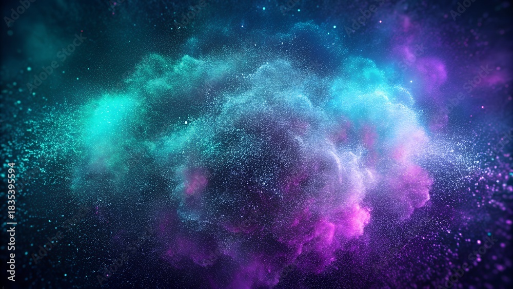 Fototapeta premium Vibrant cosmic dust nebula shimmering with brilliant teal, blue, and purple particles, forming an ethereal abstract background. illustration