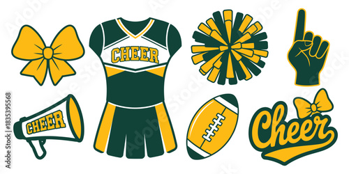 Cheerleading Vector Illustration Featuring Dark Green and Gold Pom-Poms, Megaphone, Uniform, Bow, and Foam Finger Presented as Clean Sports Spirit Elements for Posters and Creative Design Projects