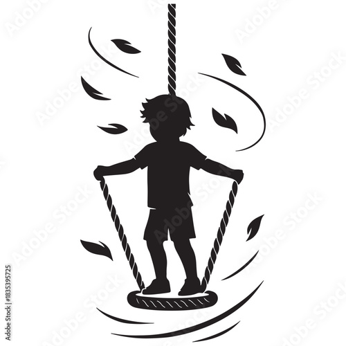 Kids holding hands on tree swing silhouette with water ripples logo