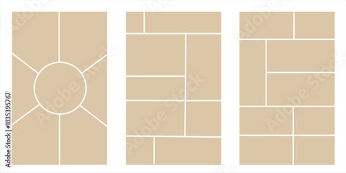Image collage layout template. Beige mosaic mood board grid collection. Picture frame set. Photo album idea for banner, poster, comic page, flyer, brochure, booklet, memory wall design. Vector pack
