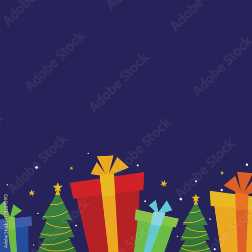 Christmas themed background illustration with colorful wrapped gift boxes and decorated pine trees against dark blue background suitable for seasonal events, social media posts, holiday, and promos.
