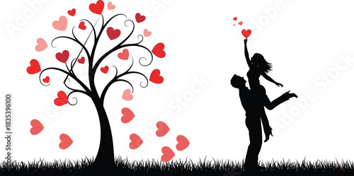 Romantic Couple and Heart Tree Silhouette Vector, Man Lifting Woman with Hearts Falling, Representing Love, Valentine's Day, Marriage, Romance, Anniversary Celebration