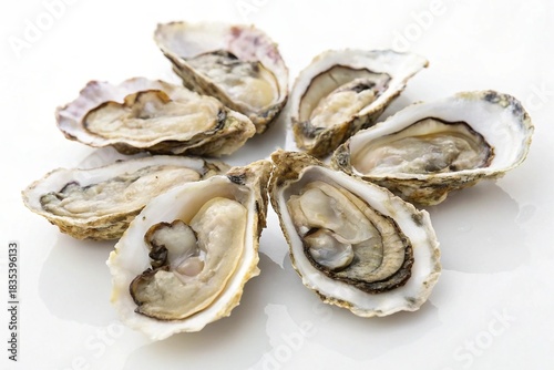 Freshly shucked oysters arranged in a circular pattern on white background