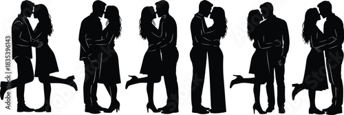 Romantic couple silhouette set, kissing man and woman collection, wedding lovers vector illustration isolated on white background design
