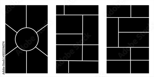 Image collage layout template. Beige mosaic mood board grid collection. Picture frame set. Photo album idea for banner, poster, comic page, flyer, brochure, booklet, memory wall design. Vector pack