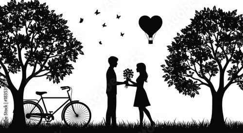 Romantic couple silhouette with bicycle under trees, man giving flowers to woman, heart balloon, vector illustration on white