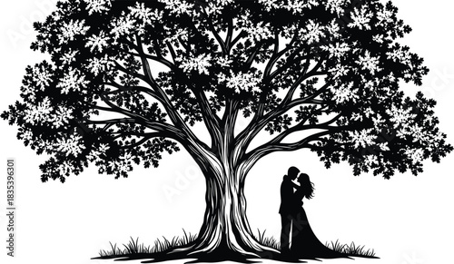 Romantic wedding couple silhouette standing under big oak tree, love concept vector illustration isolated on white background design