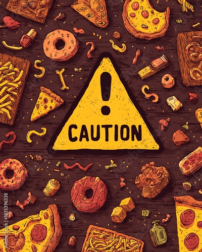 Pixel Art Illustration with Caution Sign Surrounded by Pizzas and Donuts on Brown Wooden Surface